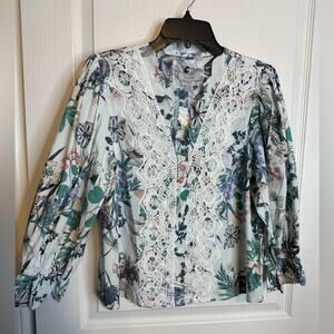 NWT Cupio blue green floral lace poplin blouse L